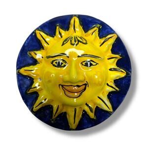 Vtg Caltagirone Ceramic Sun Wall Hanging Decor Sole Ceramic Plate Hand Painted